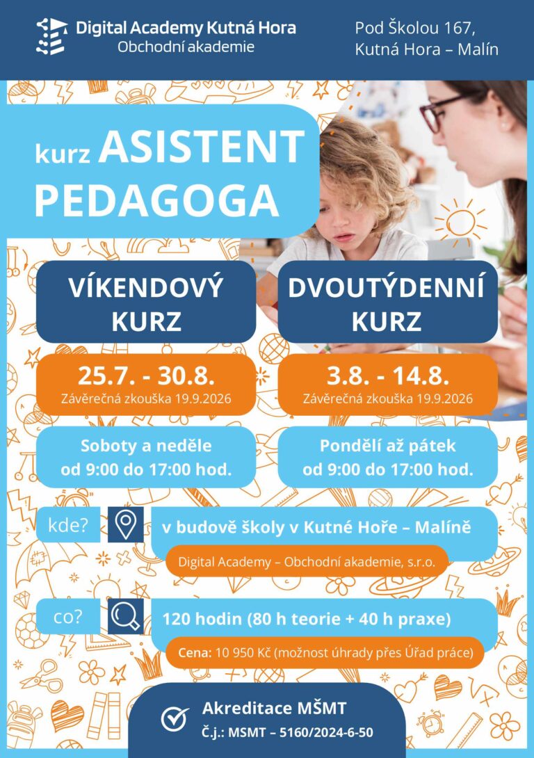 Leták kurzu Asistent pedagoga léto 2026 - přední strana